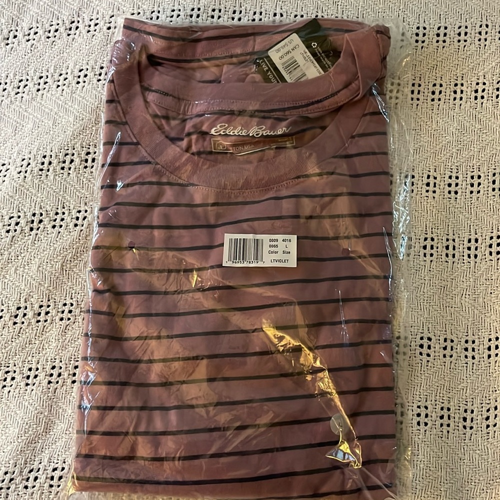 NWT Eddie Bauer Everyday Essentials long sleeved, violet and black striped shirt